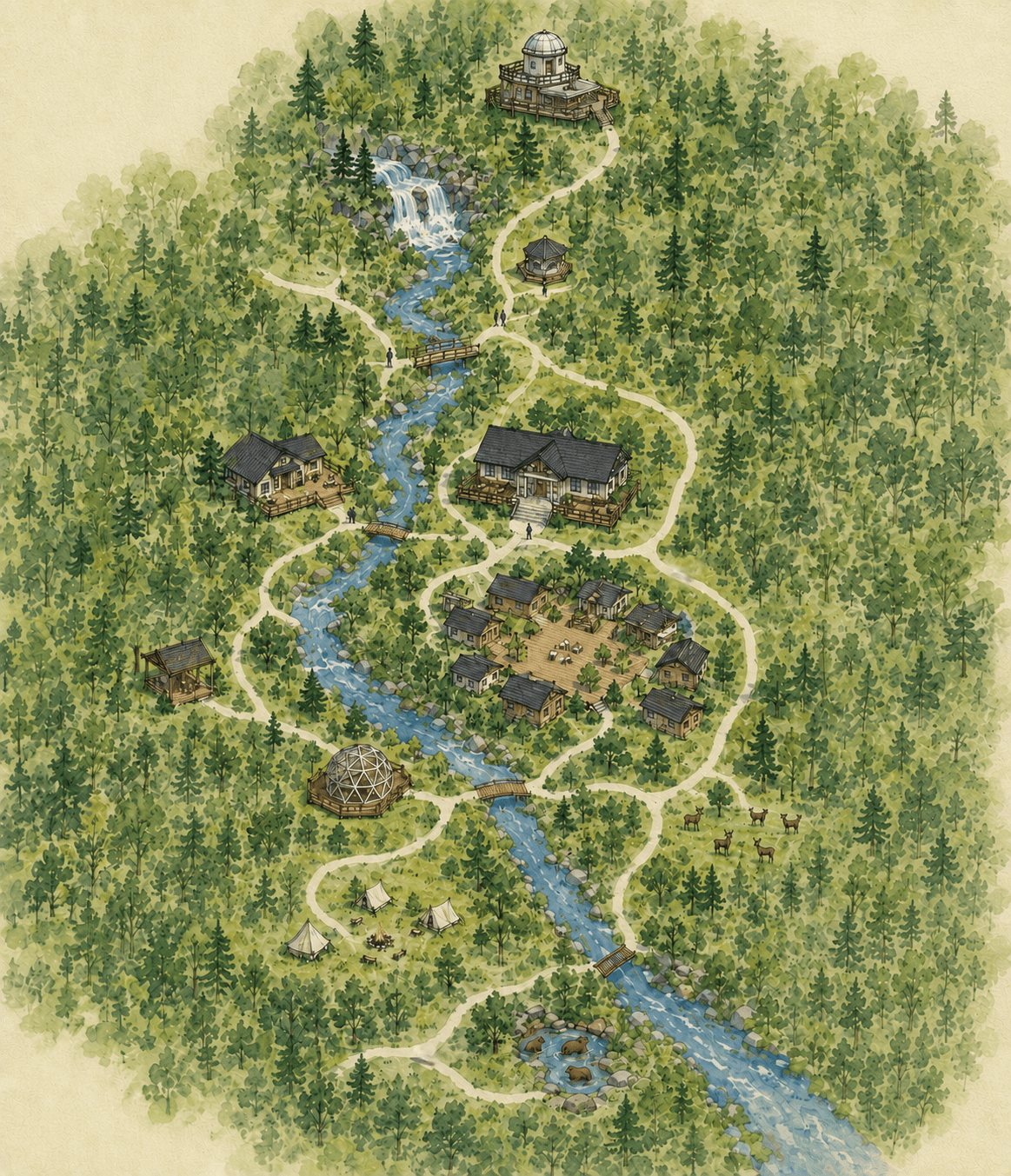 An illustrated map of FT Capital Valley, with a river running through a forest of pavilions, houses, and meadows.